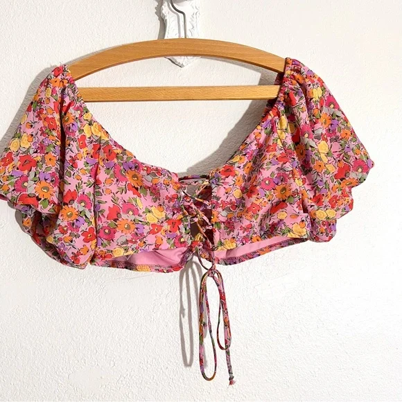 Wild Fable Women's Large Pink Floral Puff Sleeve Sweetheart Neckline Crop Top - Picture 3 of 5